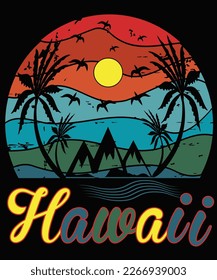 A bright and airy, vintage-inspired t-shirt design featuring a classic summer scene, with a beach and a sailboat in the background and a palm tree in the foreground.
