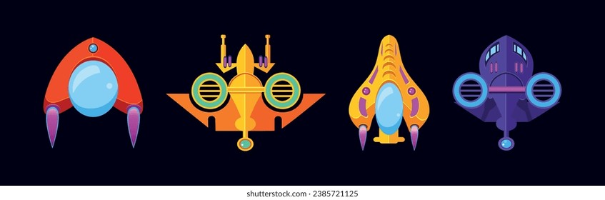 Iconos de juego de nave espacial alienígena brillante en juego de vectores de fondo oscuro