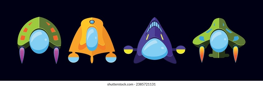 Iconos de juego de nave espacial alienígena brillante en juego de vectores de fondo oscuro