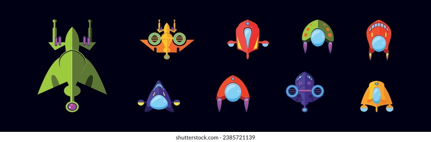 Iconos de juego de nave espacial alienígena brillante en juego de vectores de fondo oscuro