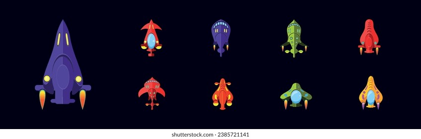 Iconos de juego de nave espacial alienígena brillante en juego de vectores de fondo oscuro