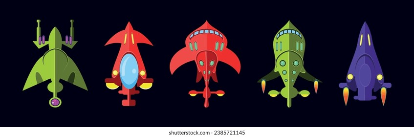 Iconos de juego de nave espacial alienígena brillante en juego de vectores de fondo oscuro