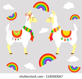 Bright alpacas with a rainbow and clouds for banners, packages, decor and graphics. Vector.
