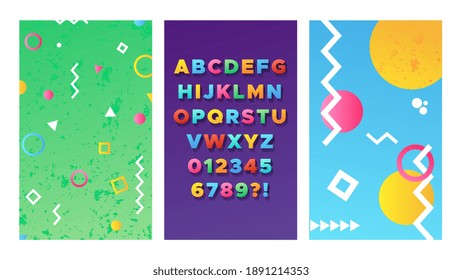 Bright alphabet. Colorful memphis poster, 90-80 style flyers design. 3D typeface with shadow, pop art vector banners
