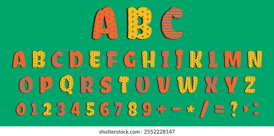 Bright alphabet featuring letter and number with polka dot and stripe pattern in orange and yellow on a green background. Perfect for kid, educational design and fun projects, children's books.