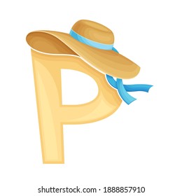 Bright Alphabet Letter P with Wide Brimmed Summer Hat Vector Illustration