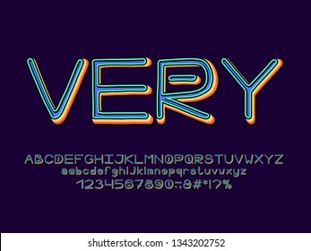 Bright Alphabet retro 3D design. Vector uppercase and lowercase English letters, numbers. Hand drawn Sans serif font. Text Very. Blue, yellow, orange, neon color style.