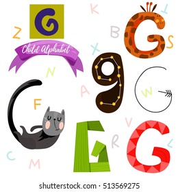 Bright alphabet set in vector.G Letter-Stylish 6 hand drawn letters in different designs.Cartoon abc icons - stock vector
