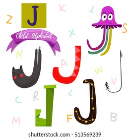 Bright alphabet set in vector.J Letter-Stylish 6 hand drawn letters in different designs.Cartoon abs icons - stock vector