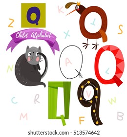 Bright alphabet set in vector.Q Letter-Stylish 6 hand drawn letters in different designs.Cartoon abc icons - stock vector