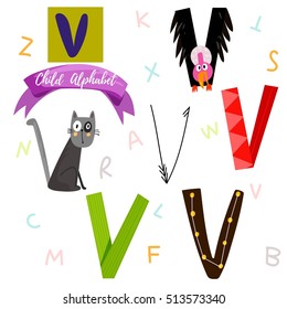 Bright alphabet set in vector.V Letter-Stylish 6 hand drawn letters in different designs.Cartoon abs icons - stock vector