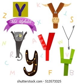 Bright alphabet set in vector.Y Letter-Stylish 6 hand drawn letters in different designs.Cartoon abc icons - stock vector