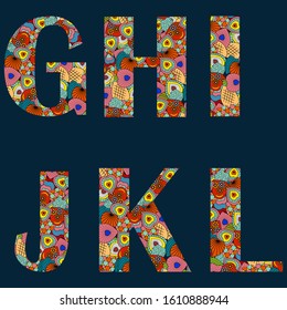 Bright alphabet in the style of a collage of hearts, vector