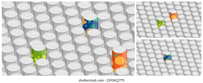 Bright aluminum soda cans stand out against monotonous gray cans. Clear distinction from others. Vector. Concept