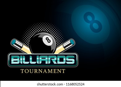 logotipo vectorial brillante American Billiards en un fondo oscuro, con una bola negra número ocho, un triángulo y dos cue
