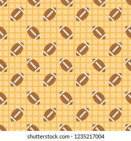 Bright american football vector pattern on checkered yellow background, seamless repeat. Trendy flat illustration style. Friendly colored games & sports design.
