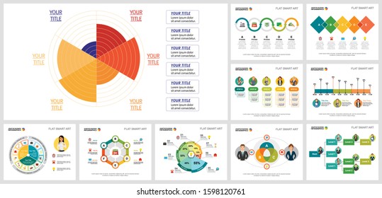 Bright analytic charts design set for report document layout, annual analytics, slide, site design. Business and statistics concept with radial diagram, bar, percentage, process, and flow charts.