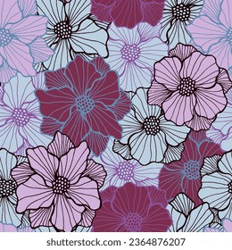 Bright anemone blossom endless pattern. Organic bouquet ornament. Anemone bloom with outline petals. Fabric print. Meadow flower summer repeating sample stencil vector.