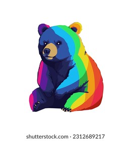 Bright and angry bear with colorful fur with the colors of LGBT or gay flag looking away isolated on white background. Concept of gay bear.