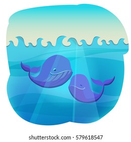 Bright animal love template with two amorous romantic cute whales in sea in cartoon style vector illustration