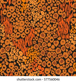 Bright animal Print pattern nature colour leo spots orange brown. Vector animals ornament seamless background.