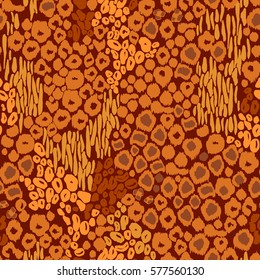 Bright animal Print pattern nature colour leo spots orange brown. Vector animals ornament seamless background.