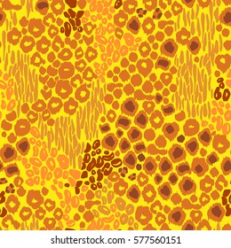 Bright animal Print pattern nature colour leo spots orange brown. Vector animals ornament seamless background.