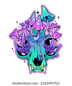 Bright animal skull overgrown with mushrooms