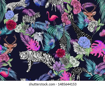 bright animals pattern, giraffe, leopard, tiger, pink flamingo, zebra, deer, butterflies, roses and tropical leaves on dark background, seamless pattern