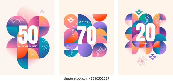 Bright anniversary cards with geometric background. Colorful modern vector design in Bauhaus style.
