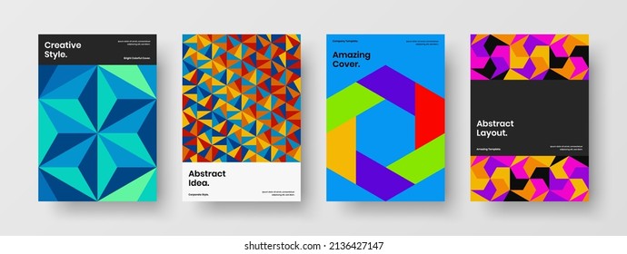 Informe anual luminoso conjunto de ilustraciones de diseño vectorial A4. Composición del concepto del folleto de mosaicos coloridos.