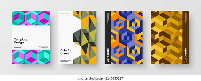 Bright annual report A4 vector design template set. Premium geometric tiles poster illustration composition.