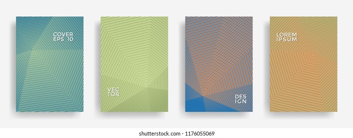 Bright annual report design vector collection. Halftone lines texture cover page layout templates set. Report covers geometric design, business booklet pages corporate templates.