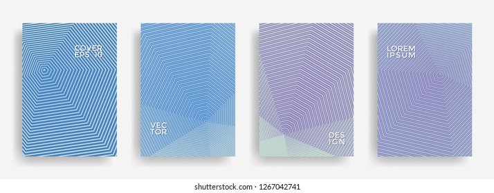 Bright annual report design vector collection. Halftone stripes edged texture cover page layout templates set. Report covers geometric design, business booklet pages corporate backgrounds.