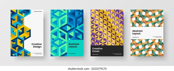 Bright annual report design vector concept composition. Multicolored geometric pattern journal cover illustration set.