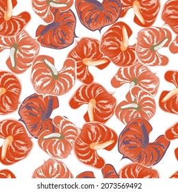Bright anthurium flowers seamless pattern isolated on white background. Tropical botanical wallpaper. Trendy exotic hawaiian plants backdrop. Design for fabric , textile, surface, wrapping paper