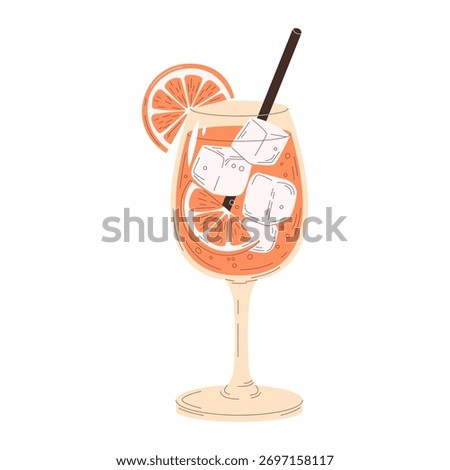Bright Aperol Spritz vector illustration. Classic Italian aperitif cocktail in goblet or wine glass with orange slices, ice cubes, straw in a stylish modern flat design on a white background.