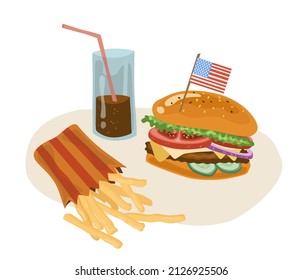 Bright appetizing American fast food. Burger, fries and cola. Vector illustration in cartoon style can be used for menus, recipes, applications