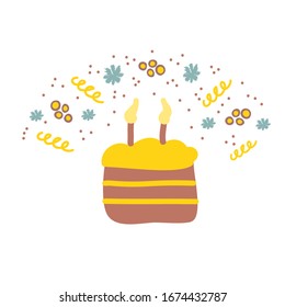Bright appetizing cream cake and candles isolated on white background. Delicious birthday cake. Vector flat illustration