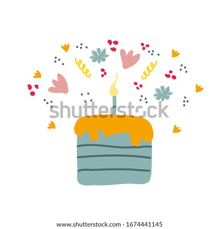 Bright appetizing cream cake and candles isolated on white background. Delicious birthday cake. Vector flat illustration