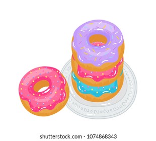 
Bright appetizing donuts with glaze and sprinkling on a plate