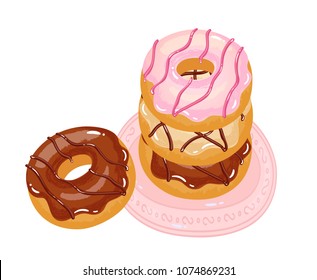 
Bright appetizing donuts with glaze and sprinkling on a plate