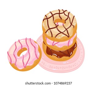 
Bright appetizing donuts with glaze and sprinkling on a plate