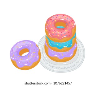 
Bright appetizing donuts with glaze and sprinkling on a plate
