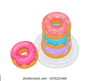 Bright appetizing donuts with glaze and sprinkling on a plate