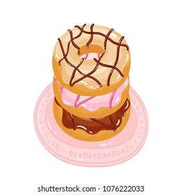 Bright appetizing donuts with glaze and sprinkling on a plate