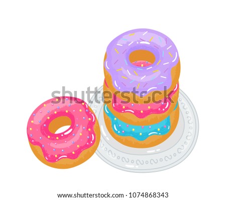 
Bright appetizing donuts with glaze and sprinkling on a plate