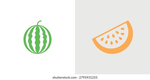 Bright and appetizing flat design illustration of a whole green watermelon and a juicy orange lemon wedge perfect for food blogs and healthy lifestyle content