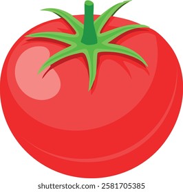 A bright and appetizing red tomato with a green stem and leaves. Its shiny skin reflects freshness and ripeness. A versatile image suitable for promoting healthy meals.