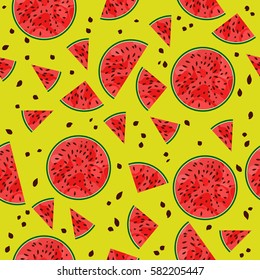 bright appetizing seamless watermelon pattern on yellow background.  Slice fresh food ornament. Pretty repeat wallpaper. Bright tasty  decoration. 